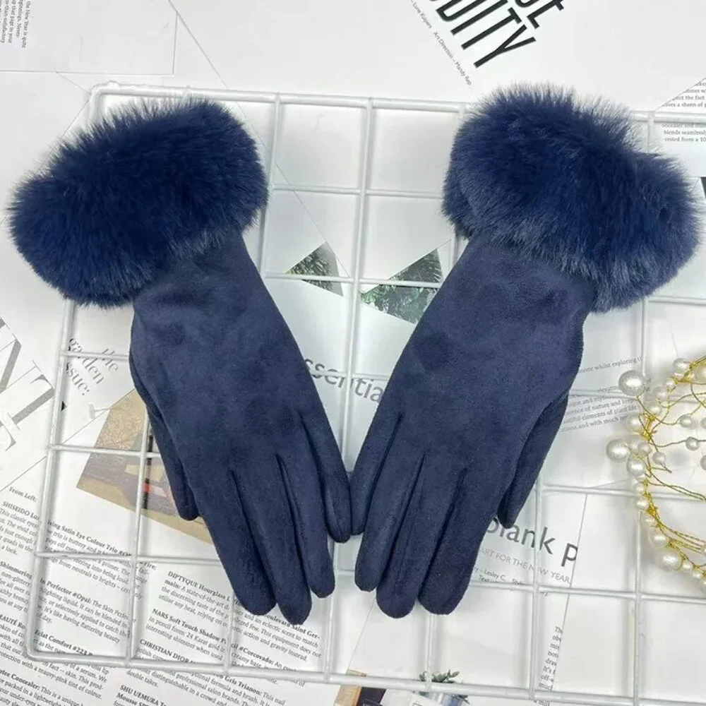 Plush Faux Fur Cuff Gloves - Navy